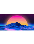 Desk pad featuring Retro Sunset Peaks, 36x16 inches, with a radiant sun descending behind blue neon mountain contours and neon waves.