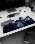 Sasuke, Itachi, Madara and Obito Uchiha lineup on extended anime desk pad 36x16 inches.