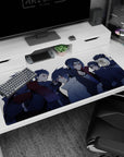 Sasuke and Itachi Uchiha Sharingan glare desk pad with crisp cloaks and spiked hair, 40x20 inches.