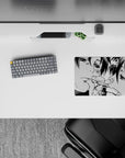 Black-and-white anime mouse pad 14x10 inches with gritty halftone dots, deep shadows, tender mood.