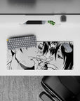 28x12 inches black-and-white manga halftone mouse pad with gritty shadows and a tender, intimate mood.