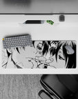 32x12 inches black-and-white halftone manga desk mat, gritty yet tender mood, smooth tracking surface.