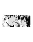 28x12 inches anime mouse pad with close-up manga couple, bruises, cuts, and intertwined fingers in halftone art.