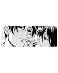 32x12 inches anime mouse pad with close-up manga couple, detailed bruises, halftone shading, crisp line art.
