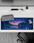 32x12 inches mouse pad featuring peaceful sunset, with cottage by lake, wildflowers, and vibrant hues for a tranquil desk vibe.