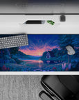 36x16 inches mouse pad with peaceful sunset, cottage by lake, and wildflowers for a tranquil, creative desk atmosphere.