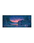 Mouse pad featuring peaceful sunset, 28x12 inches, with cottage by lake and wildflowers for a calming, tranquil atmosphere.