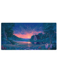 Mouse pad featuring peaceful sunset, 32x16 inches, with cottage by lake, wildflowers, and vibrant hues for a calming desk effect.