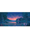 Mouse pad featuring peaceful sunset, 36x16 inches, with cottage by lake, wildflowers, and pink-purple hues for a calming effect.