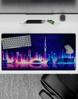 Dynamic 32x16 desk mat combines neon lights and water reflections for impactful modern visuals