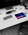 Iconic 14x10 desk mat celebrates Neon Skyline Reflection with vibrant neon lights and stunning water details