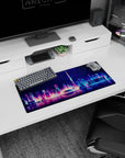 Dynamic Neon Skyline Reflection artwork on 28x12 desk mat perfect for celebrating sleek modern designs