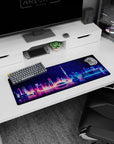 Small but impactful 32x12 desk mat showcases futuristic cityscape with striking reflection artistry
