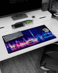 Urban elegance design on 32x16 desk mat brings Neon Skyline Reflection's vibrant aesthetic to life vividly