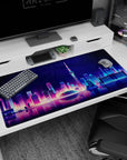 Futuristic design on 40x20 desk mat perfect for adding sleek city vibes to your workspace or gaming setup