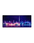 Streamlined Neon Skyline Reflection desk mat 28x12 featuring glowing skyline for bold workspace flair