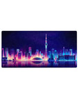 Neon Skyline Reflection desk mat 32x16 featuring glowing skyline for gaming or workspace energy with flair