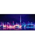 Neon Skyline Reflection desk mat 36x16 with glowing lights and water theme for immersive urban-inspired decor