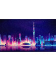 Neon Skyline Reflection desk mat 40x20 featuring glowing cityscape and water reflections for bold futuristic style