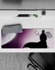 32x12 inches anime mouse pad in deep violet haze with soft gradients, star specks, and eerie glowing eyes.