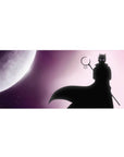 36x16 inches anime desk pad with shadowy shinobi silhouette, sweeping cape, and glowing full moon.