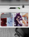 32x16 inches anime girl mouse pad in ruby, icy blue, midnight black, and sunny gold tones, playful vibe.