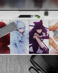 Colorful anime girl desk pad 40x20 inches in ruby, icy blue, midnight black, and sunny gold tones.