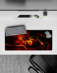 Anime mouse pad 28x12 inches featuring Zenitsu from Demon Slayer, captured mid-flash with electric golden-orange bolts.
