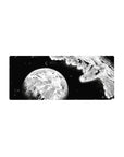 28x12 inches anime mouse pad with black-and-white space dive, lone caped hero and glowing planet, manga style.