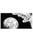 32x16 inches anime mouse pad with manga-style space dive, cape hero, shattered rocks, and giant planet.