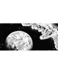 36x16 inches anime desk pad with black-and-white space hero art, shattered rock debris, glowing planet backdrop.