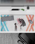 Anime mouse pad 32x16 inches featuring Zero Two and Hiro from Darling in the Franxx. Bold red, blue Xs, emotional scene.