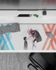 Anime desk pad featuring Zero Two and Hiro from Darling in the FranXX, 36x16 inches, with minimalist design and bold colors.