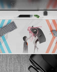 Anime desk pad featuring Zero Two and Hiro from Darling in the Franxx, 40x20 inches, captures their emotional connection.