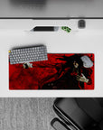 28x12 inches anime mouse pad in blood reds and sharp blacks, high-contrast, dark occult chaos vibe.