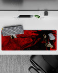 32x12 inches anime mouse pad in blood reds and sharp blacks, dark chaotic vibe with high contrast.