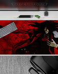 40x20 inches anime desk pad in blood reds and sharp blacks, dark occult vibe with high-contrast chaos.