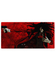 32x16 inches anime mouse pad with Alucard in red coat, occult seals and shadowed eyes, action pose.