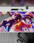 Anime desk pad 40x20 inches featuring Megumin and Komekko from KonoSuba, vibrant colors, magical theme.
