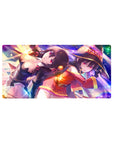 Anime mouse pad 32x16 inches featuring Megumin and Komekko from KonoSuba, vibrant purples and pinks, magical energy.