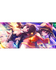 Megumin and Komekko from KonoSuba anime on a vibrant 36x16 inch desk pad featuring magical colors and explosive energy.