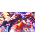 Anime desk pad 40x20 inches featuring Megumin and Komekko from KonoSuba, vibrant colors and magical energy.