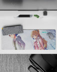 32x12 inches anime mouse pad in pastel blue-gray tones, quiet snowy mood and soft winter light.