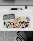 28x12 inches pastel cream anime mouse pad, teal and purple hair pops, playful sugar-rush mood.