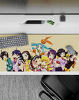 Pastel candy shop mood anime girl desk pad 36x16 inches, teal, purple, black and honey-blonde accents.