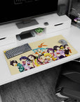 Teal twin-tail anime girl saluting on a 32x16 inches mouse pad, surrounded by girls holding donuts and cookies.