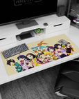 Teal twin-tail anime girl saluting with donuts and cookies desk pad 36x16 inches, bright-eyed group.
