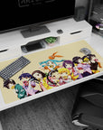 40x20 inches desk pad with teal twin-tail girl saluting, surrounded by pastel snack-time friends.