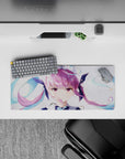 28x12 inches pastel anime girl mouse pad in soft pink and teal with glossy sparkles for a cozy, airy desk vibe.