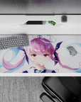 Pastel pink and teal anime girl desk pad 36x16 inches, airy cozy vibe with glossy sparkles and soft gradients.